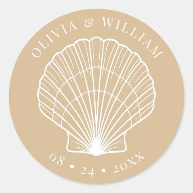 Seashell Beach Coastal Beige Wedding  Classic Round Sticker (Front)