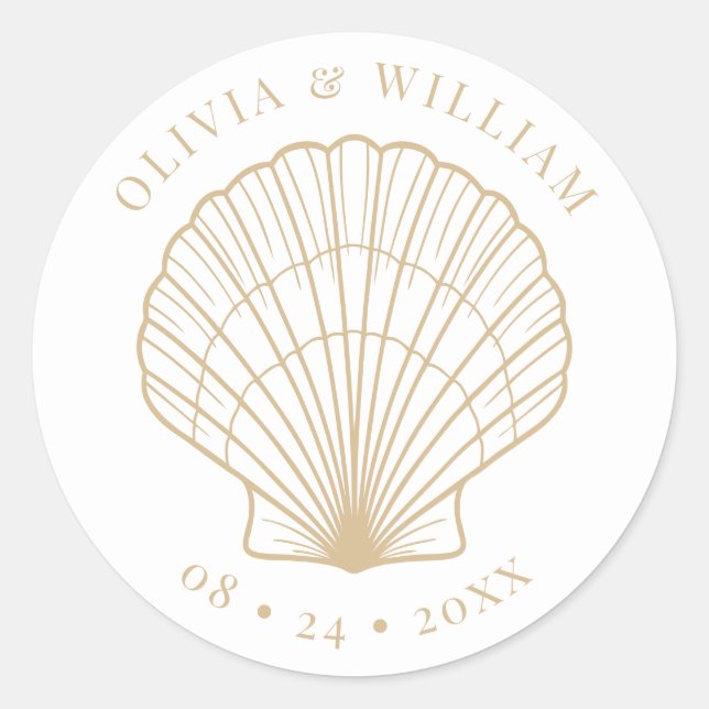 Seashell Beach Coastal Wedding Beige Classic Round Sticker (Front)