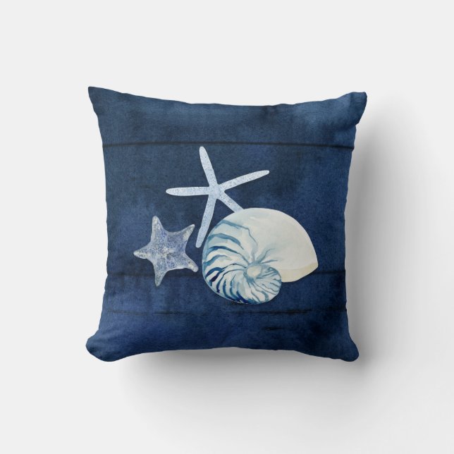 Seashell Beach House Navy Coral Nautilus Starfish Throw Pillow (Front)
