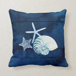 Seashell Beach House Navy Coral Nautilus Starfish Throw Pillow