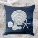 Seashell Beach House Navy Starfish Sand Dollar Throw Pillow<br><div class="desc">Seashell Beach House Navy Starfish Sand Dollar. "Summer Seas" is a complete collection of beach, coastal inspired artwork by internationally known artist and designer, Audrey Jeanne Roberts. Large Scallop shell is paired with a trio of sand dollars and a white finger starfish. This collection has a vintage seashore style white...</div>