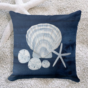 Seashell Beach House Navy Starfish Sand Dollar Throw Pillow