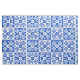 Seashell Beach Nautical Block Pattern Blue White Fabric