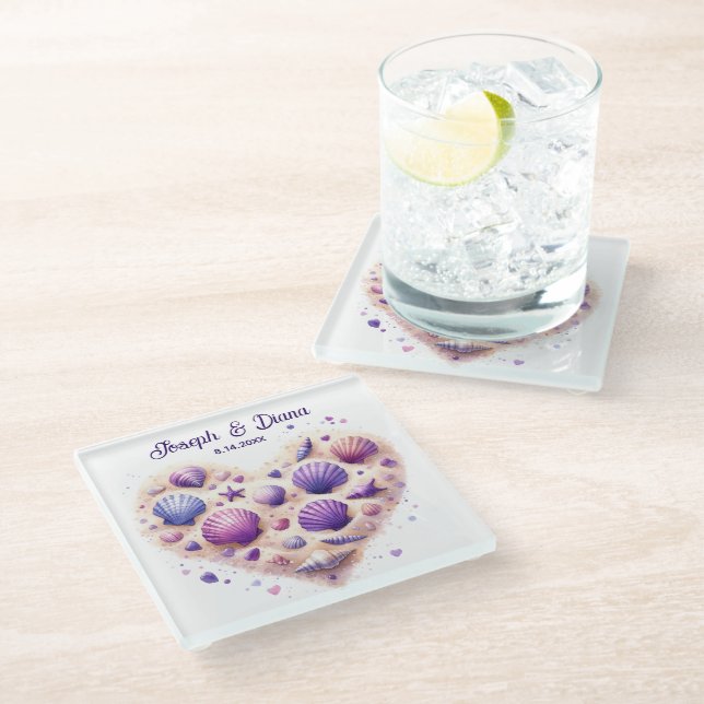 Seashell Beach Valentine Anniversary Names Glass Coaster (Angled)