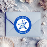 Seashell Beach Wedding Blue White CUSTOM  Classic Round Sticker<br><div class="desc">Perfect cute sticker for a fun wedding! Hand made art for you! Perfect for a wedding, seaside bridal shower, bachelorette party, engagement party, or birthday. FULLY CUSTOMIZABLE! Click "personalize" to edit the text. Click "edit using design tool" to adjust the fonts, colours and placements and to add text if you...</div>