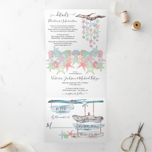 Seashell Beach Wedding Invitation Tri-Fold (Intérieur)