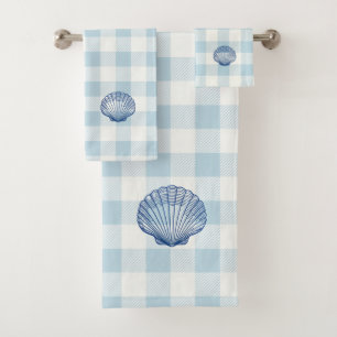 Seashell Blue Check Gingham Pattern Bath Towel Set