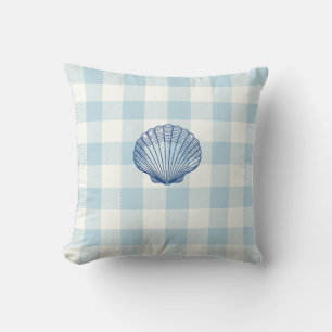 Seashell Blue Gingham Check Coastal Throw Pillow