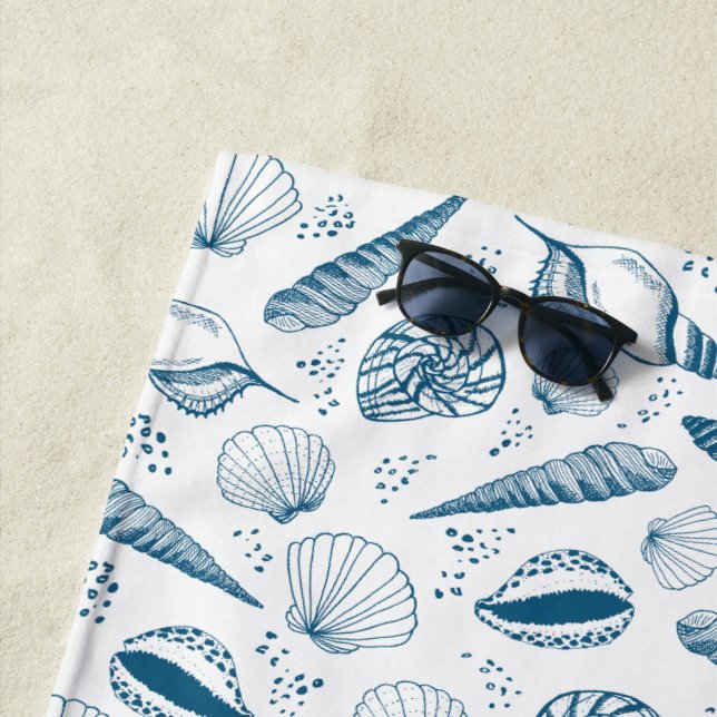 Seashell Blue White beach Towel (In Situ)