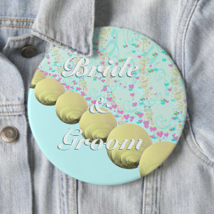 Seashell Blue Yellow Beach Bride and Groom Badge B 6 Inch Round Button