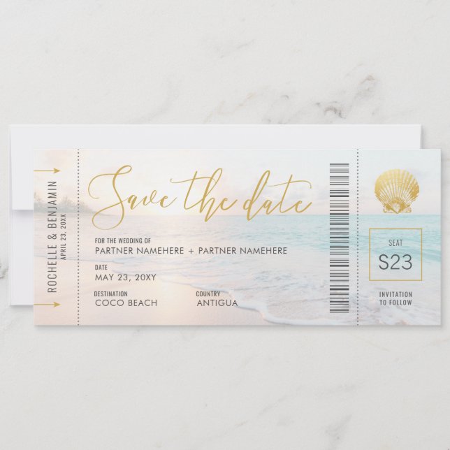 Seashell Boarding Pass Ticket Beach Wedding Save The Date (Front)