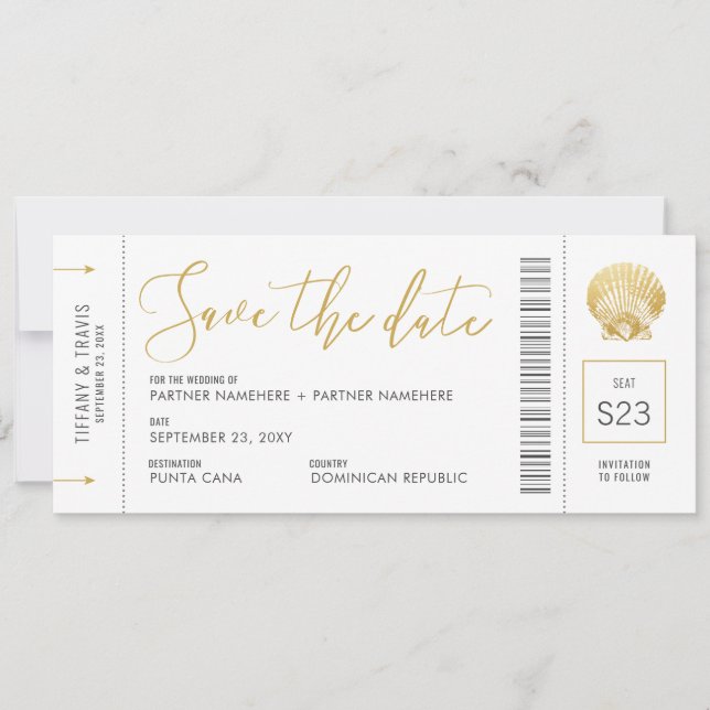 Seashell Boarding Pass Ticket Beach Wedding Save The Date (Front)