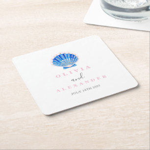 Seashell coastal beach wedding square paper coaster