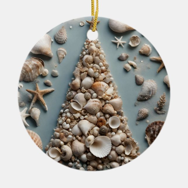 Seashell Coastal Christmas Tree   Ceramic Ornament (Front)