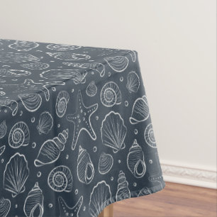 Seashell Coastal Nautical Boho Beach Dark Blue Tablecloth
