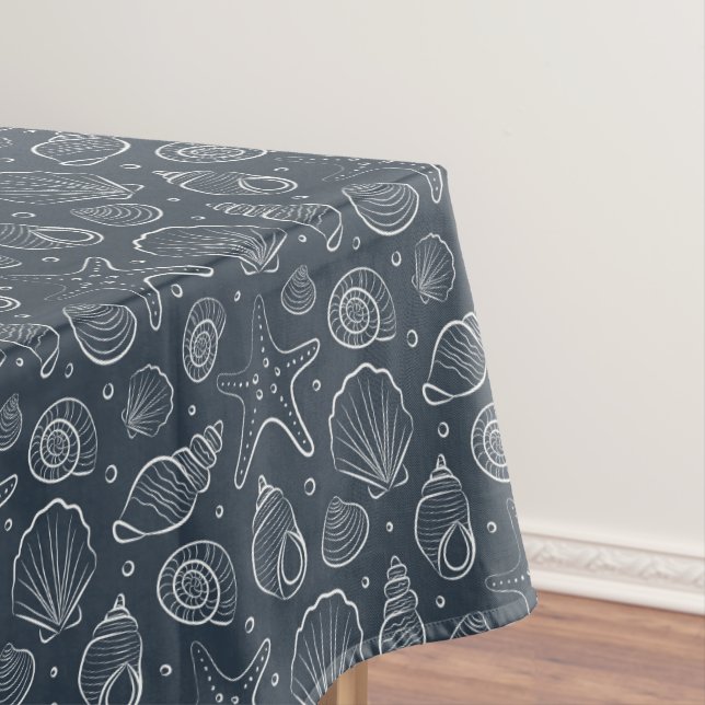 Seashell Coastal Nautical Boho Beach Dark Blue Tablecloth (In Situ)