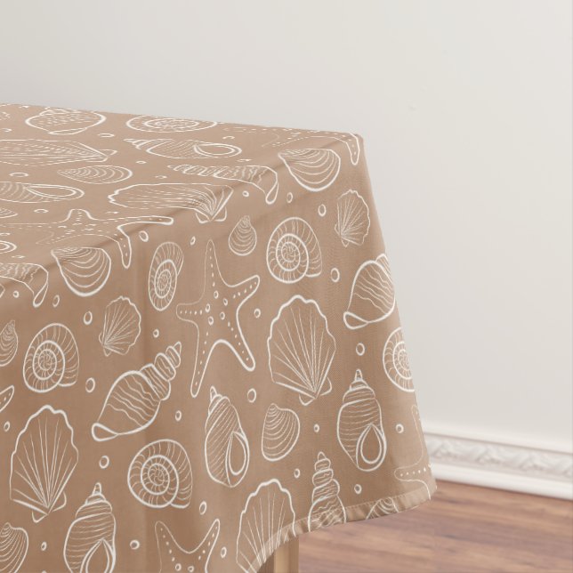 Seashell Coastal Nautical Boho Beach Neutral Tan Tablecloth (In Situ)