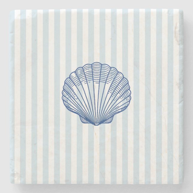 Seashell Coastal Painting Nautical Stripe  Stone Coaster (Front)