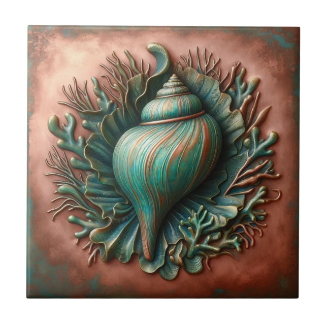 Seashell Copper and Patina Beach House Tile (Front)
