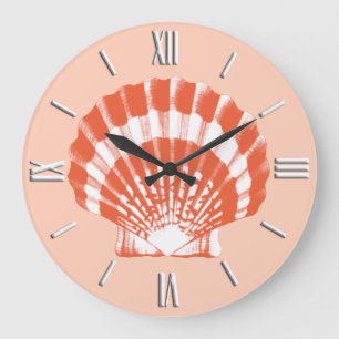 Seashell - coral orange and white large clock