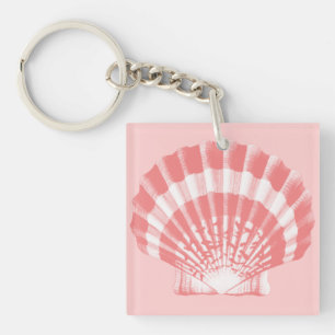 Seashell - coral pink and white keychain