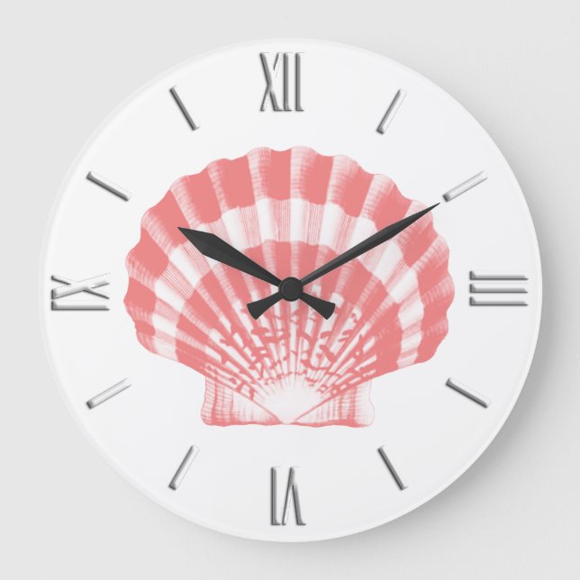 Seashell - coral pink and white large clock (Front)