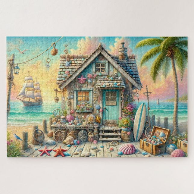 Seashell Cottage Coastal Hideaway Ship Surf Jigsaw Puzzle (Horizontal)