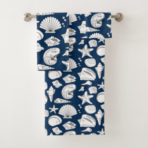 Seashell Drawing White Navy Blue  Nautical Bath Towel Set
