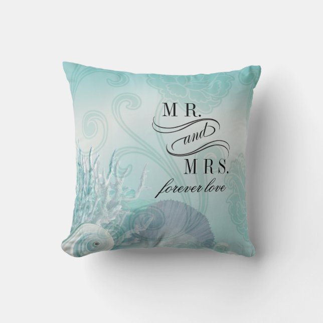 Seashell Dreams Beach Mr. & Mrs. aqua Throw Pillow (Front)