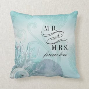 Seashell Dreams Beach Mr. & Mrs. aqua Throw Pillow
