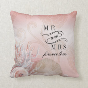Seashell Dreams Beach Mr. & Mrs. pink Throw Pillow