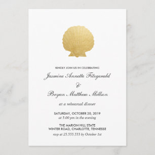 Seashell Faux Gold Foil   Ocean Rehearsal Dinner Invitation