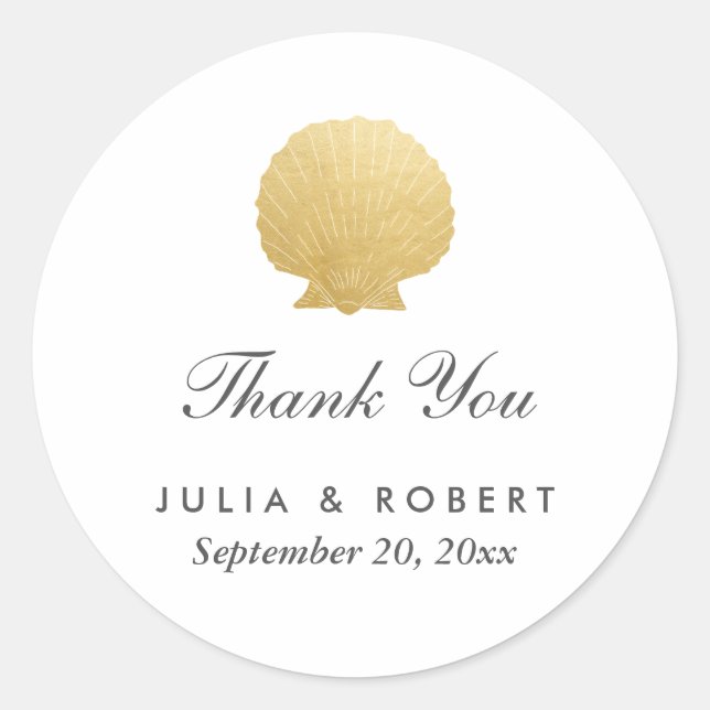 Seashell Faux Gold Foil | Ocean Wedding Thank You Classic Round Sticker (Front)