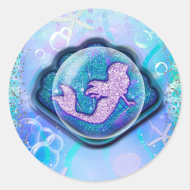 Seashell Fit for a Mermaid Glitter Birthday Party Classic Round Sticker (Front)