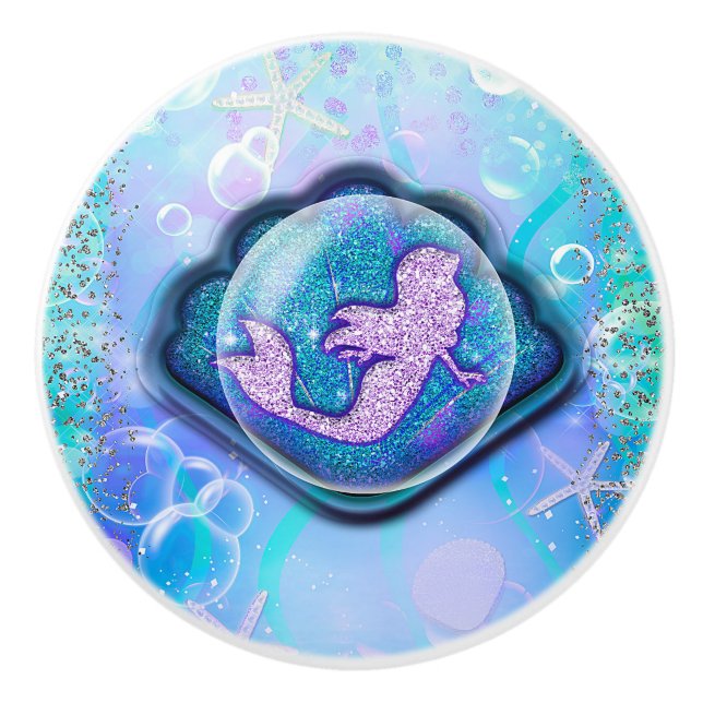 Seashell Fit for a Mermaid Glitter Girls Magical Ceramic Knob (Front)