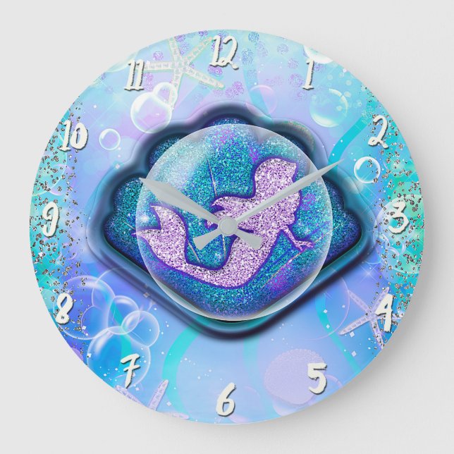 Seashell Fit for a Mermaid Glitter Girls Magical Large Clock (Front)