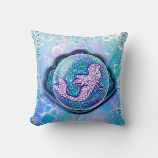 Seashell Fit for a Mermaid Glitter Girls Magical Throw Pillow (Front)