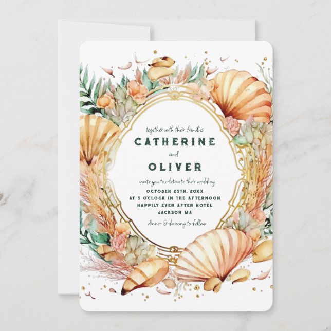 Seashell Gold Frame Ocean Summer Beach Wedding Invitation (Front)