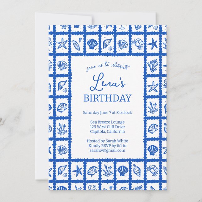 Seashell Grid Beach Birthday Party Blue CUSTOM Invitation (Front)