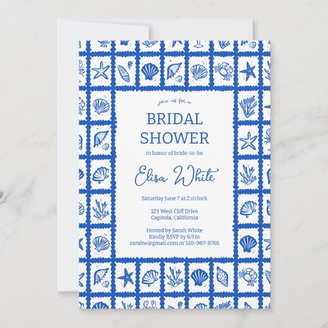 Seashell Grid Beach Bridal Shower Blue CUSTOM Invitation (Front)