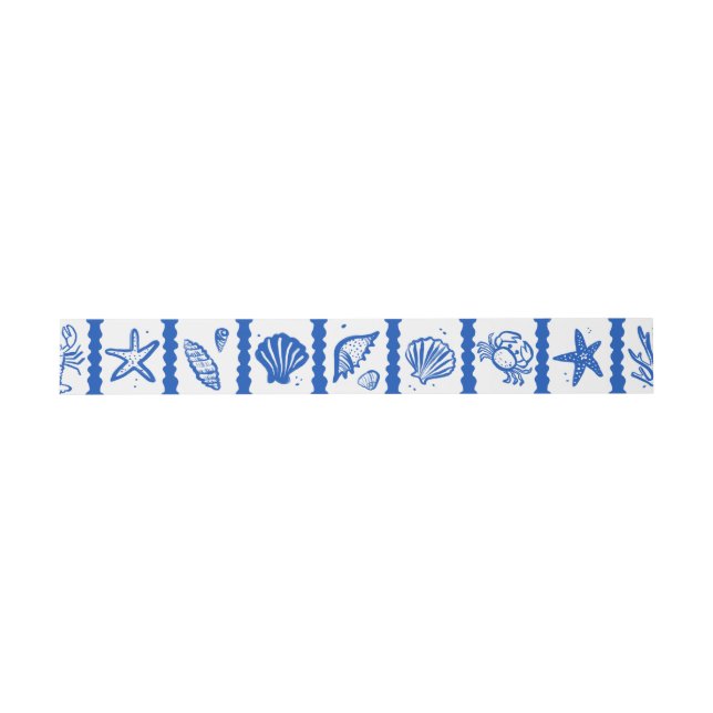 Seashell Grid Beach Wedding Blue White CUSTOM  Invitation Belly Band (Flat)