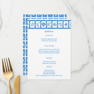 Seashell Grid Beach Wedding Blue White CUSTOM  Menu