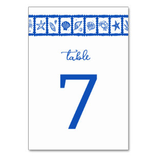 Seashell Grid Beach Wedding Blue White CUSTOM  Table Number
