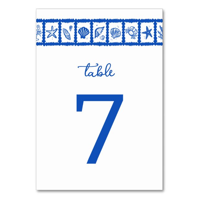 Seashell Grid Beach Wedding Blue White CUSTOM  Table Number (Front)