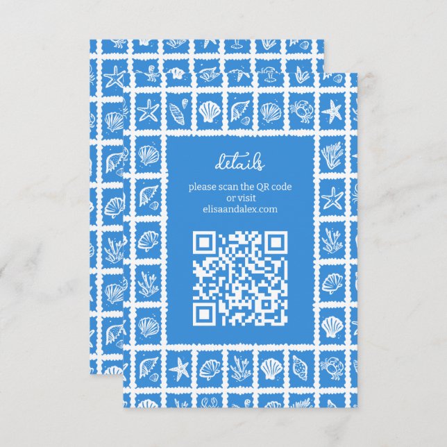 Seashell Grid Beach Wedding CUSTOM QR Code Enclosure Card (Front/Back)