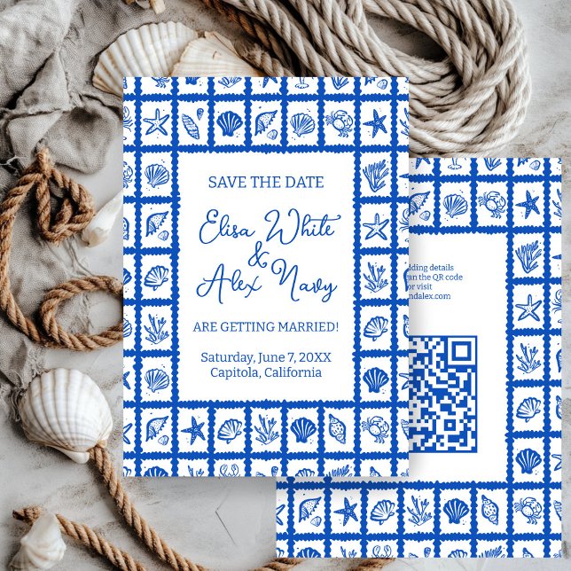 Seashell Grid Beach Wedding CUSTOM QR Code Save The Date (Seashell Grid Beach Wedding CUSTOM QR Code Save The Date
)