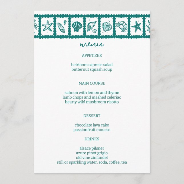 Seashell Grid Beach Wedding Green White CUSTOM  Menu (Front)