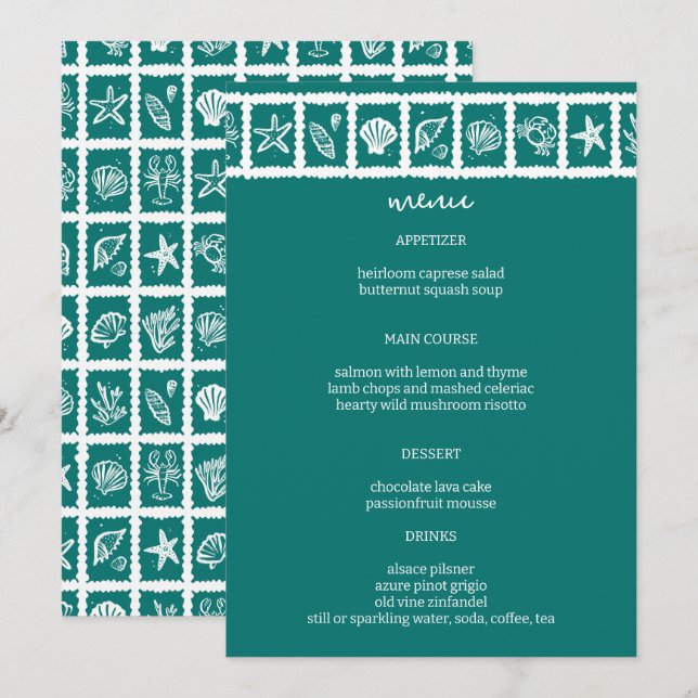 Seashell Grid Beach Wedding Green White CUSTOM  Menu (Front/Back)
