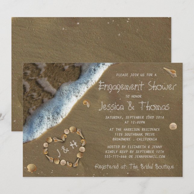 Seashell Heart Beach Engagement Shower Invitations (Front/Back)
