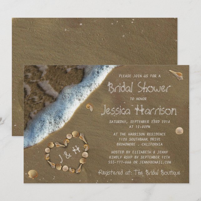 Seashell Heart Beach Invitations de douche nuptial (Devant / Derrière)